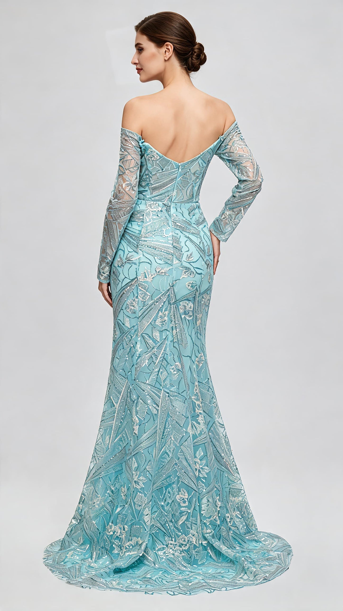 Polished Mermaid Blue Evening Gowns Off the Shoulder Lace Appliqué Long Formal Dress LFNL0670