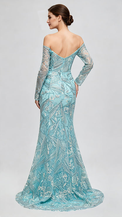 Polished Mermaid Blue Evening Gowns Off the Shoulder Lace Appliqué Long Formal Dress LFNL0670