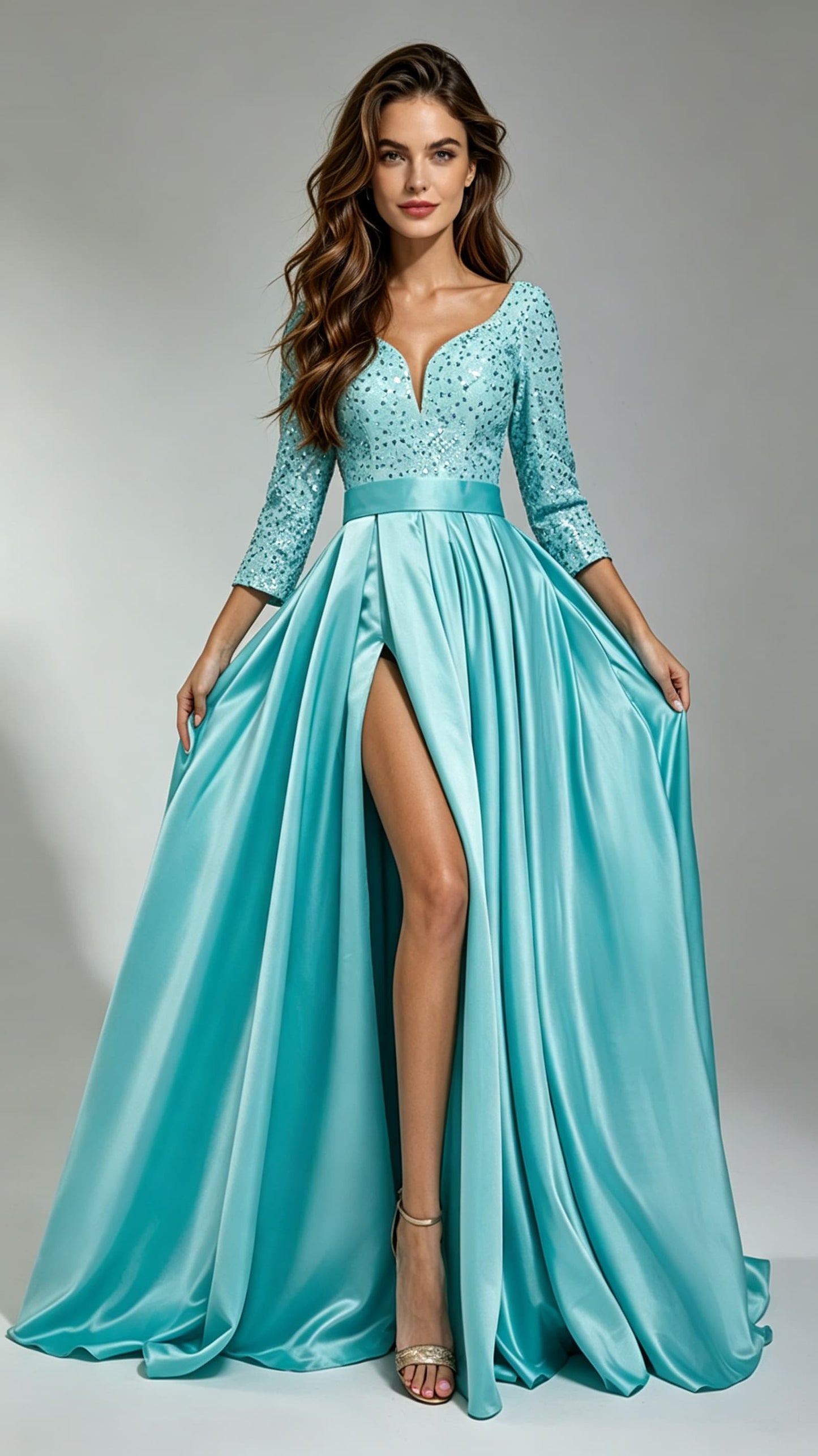 Simple A-line Blue Evening Gowns V Neck Satin & Sequins Long Formal Dress LFNG0016