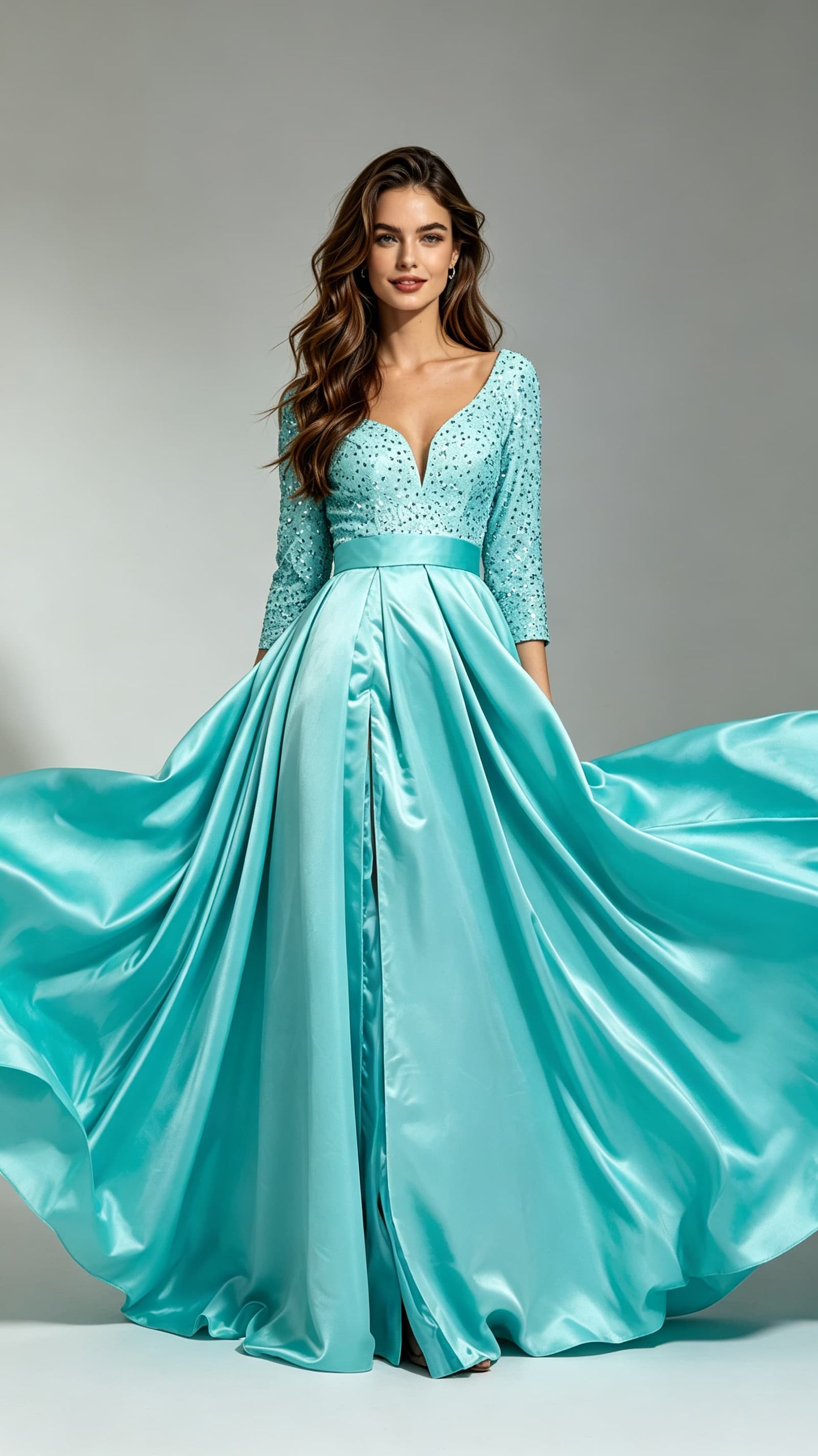 Simple A-line Blue Evening Gowns V Neck Satin & Sequins Long Formal Dress LFNG0016