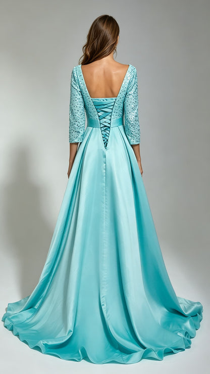 Simple A-line Blue Evening Gowns V Neck Satin & Sequins Long Formal Dress LFNG0016