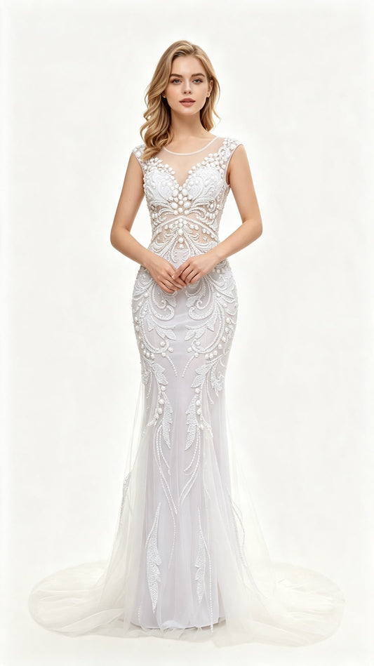Gorgeous Mermaid White Evening Gowns Round Neck Tulle Bridal Dress LFNL0630