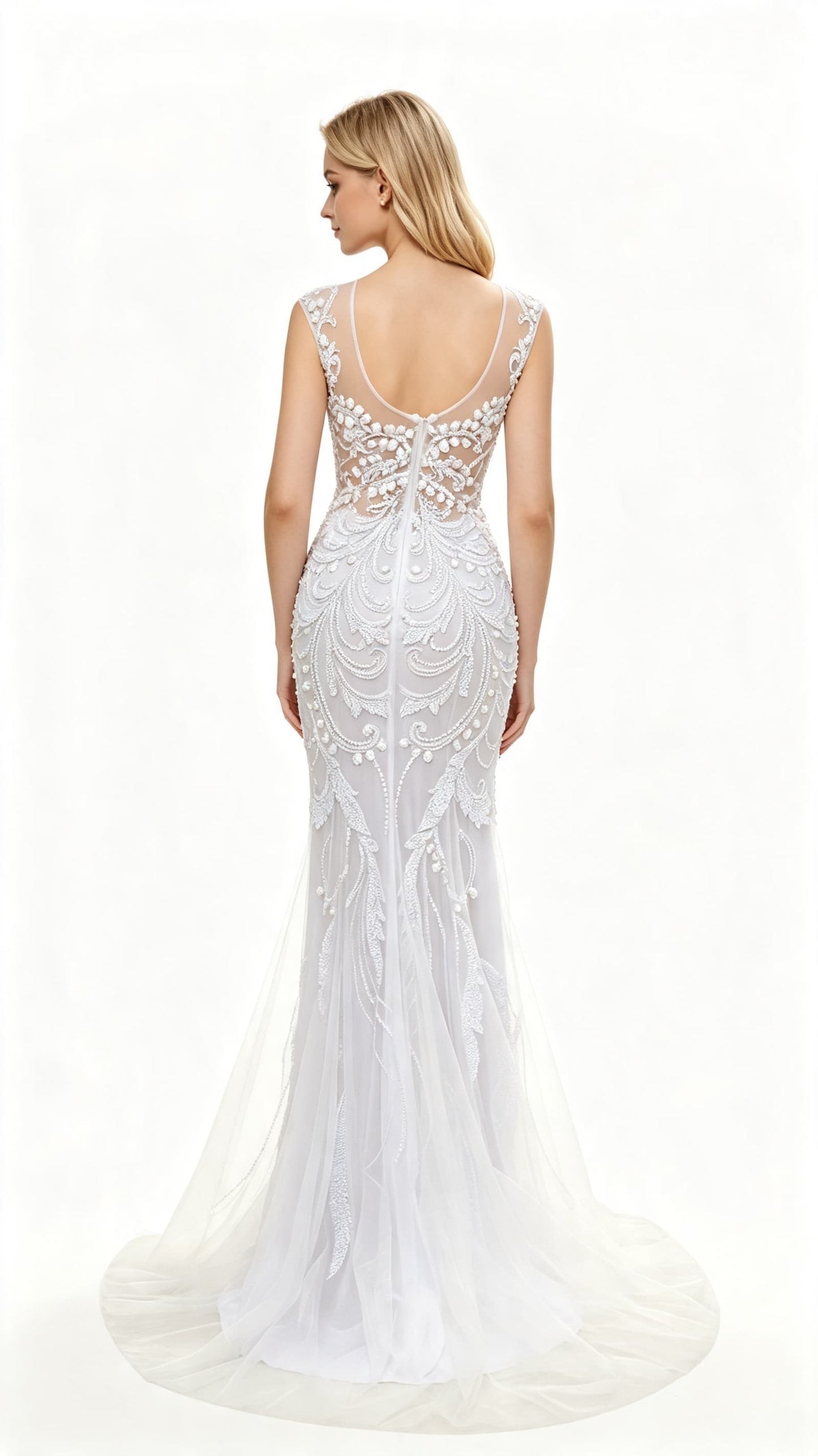 Gorgeous Mermaid White Evening Gowns Round Neck Tulle Bridal Dress LFNL0630