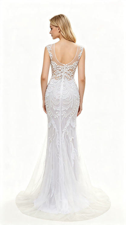 Gorgeous Mermaid White Evening Gowns Round Neck Tulle Bridal Dress LFNL0630