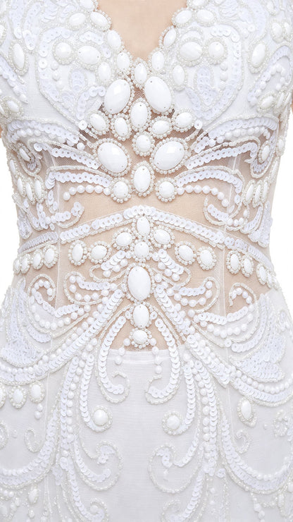 Gorgeous Mermaid White Evening Gowns Round Neck Tulle Bridal Dress LFNL0630