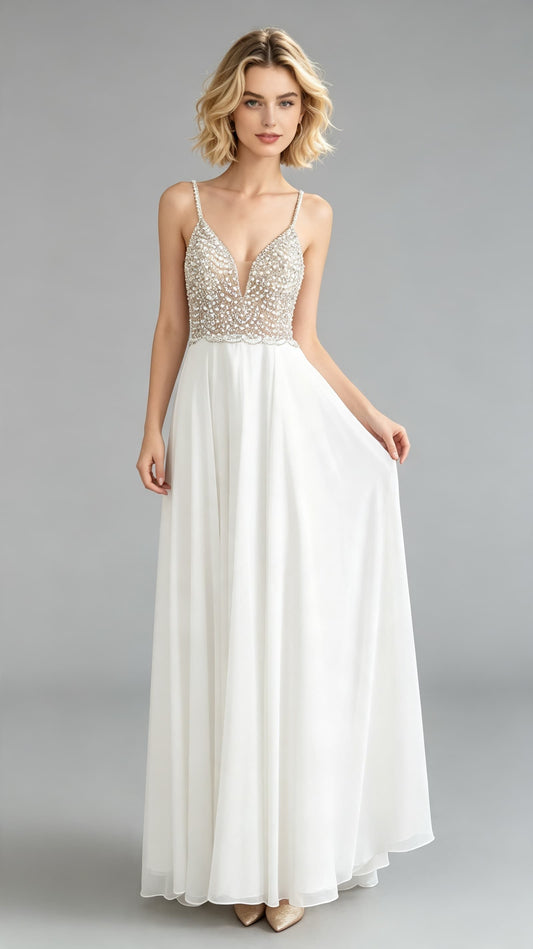 Romantic A-line White Evening Gowns Straps Chiffon Maxi Dress LFNL0649