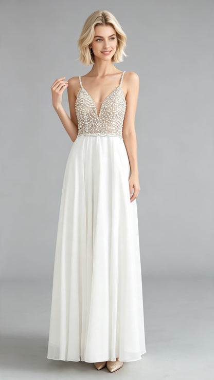 Romantic A-line White Evening Gowns Straps Chiffon Maxi Dress LFNL0649
