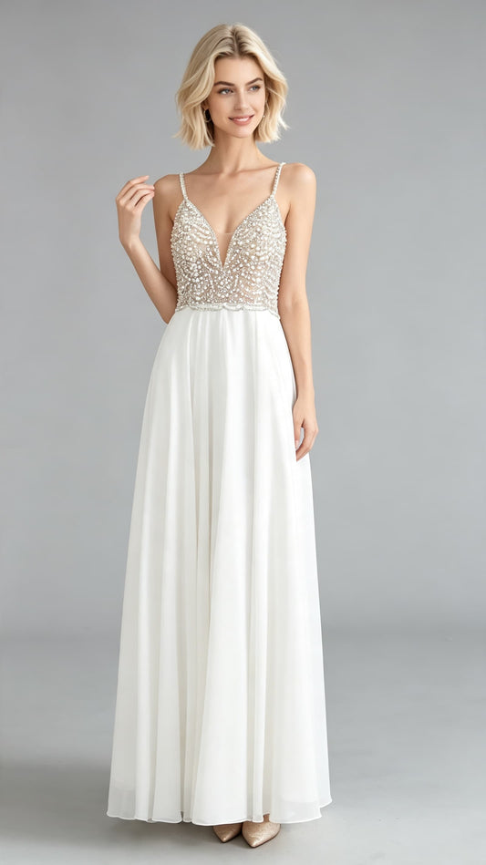 Romantic A-line White Evening Gowns Straps Chiffon Maxi Dress LFNL0649