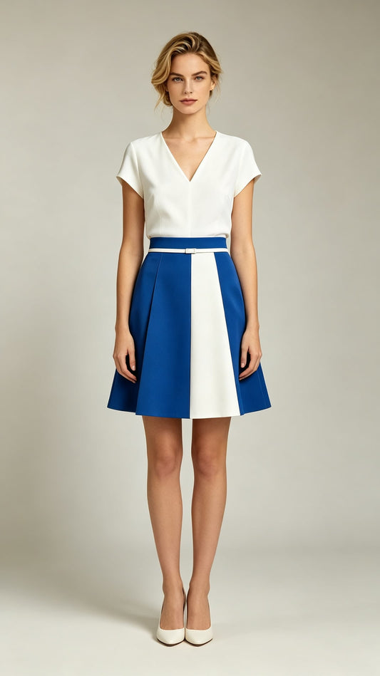 Blue and white colour block A-line cocktail dress, V-neck capped sleeve, pleated skirt with matching thin belt, custom semi-formal dress