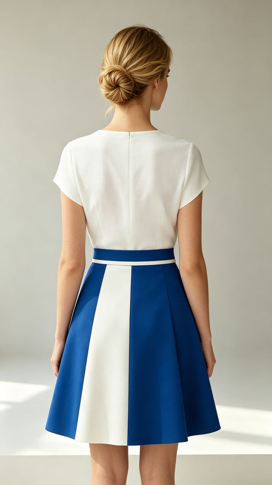 Back view of blue white A-line cocktail dress, customisable back closure, structured pleated skirt