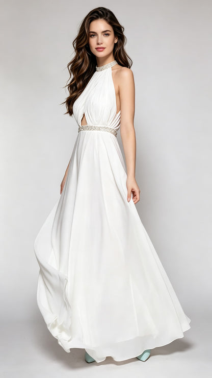 Soft A-line White Evening Gowns Chiffon Formal Dress LFNC0019