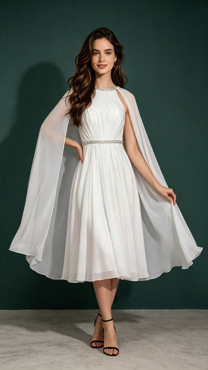 Beautiful tailored A-line White Evening Gowns Round Neck Chiffon Maxi Dress LFNL0656