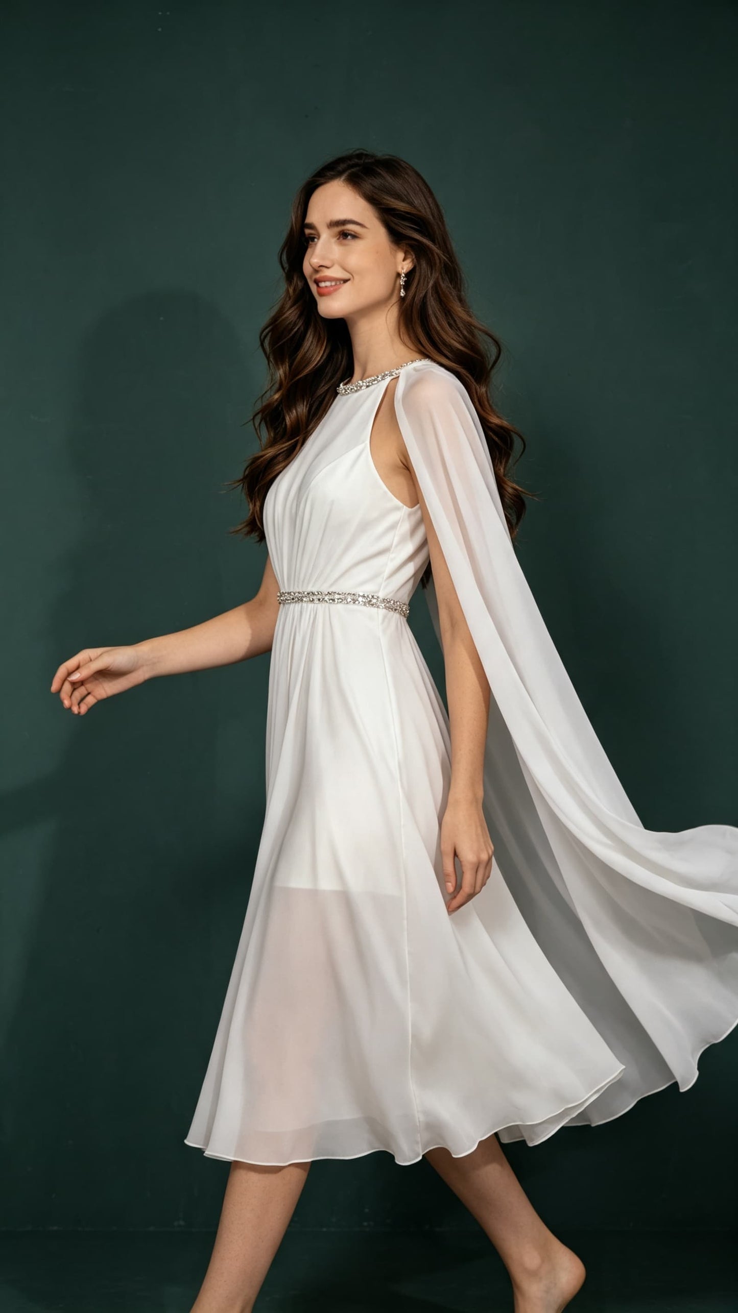 Beautiful tailored A-line White Evening Gowns Round Neck Chiffon Maxi Dress LFNL0656