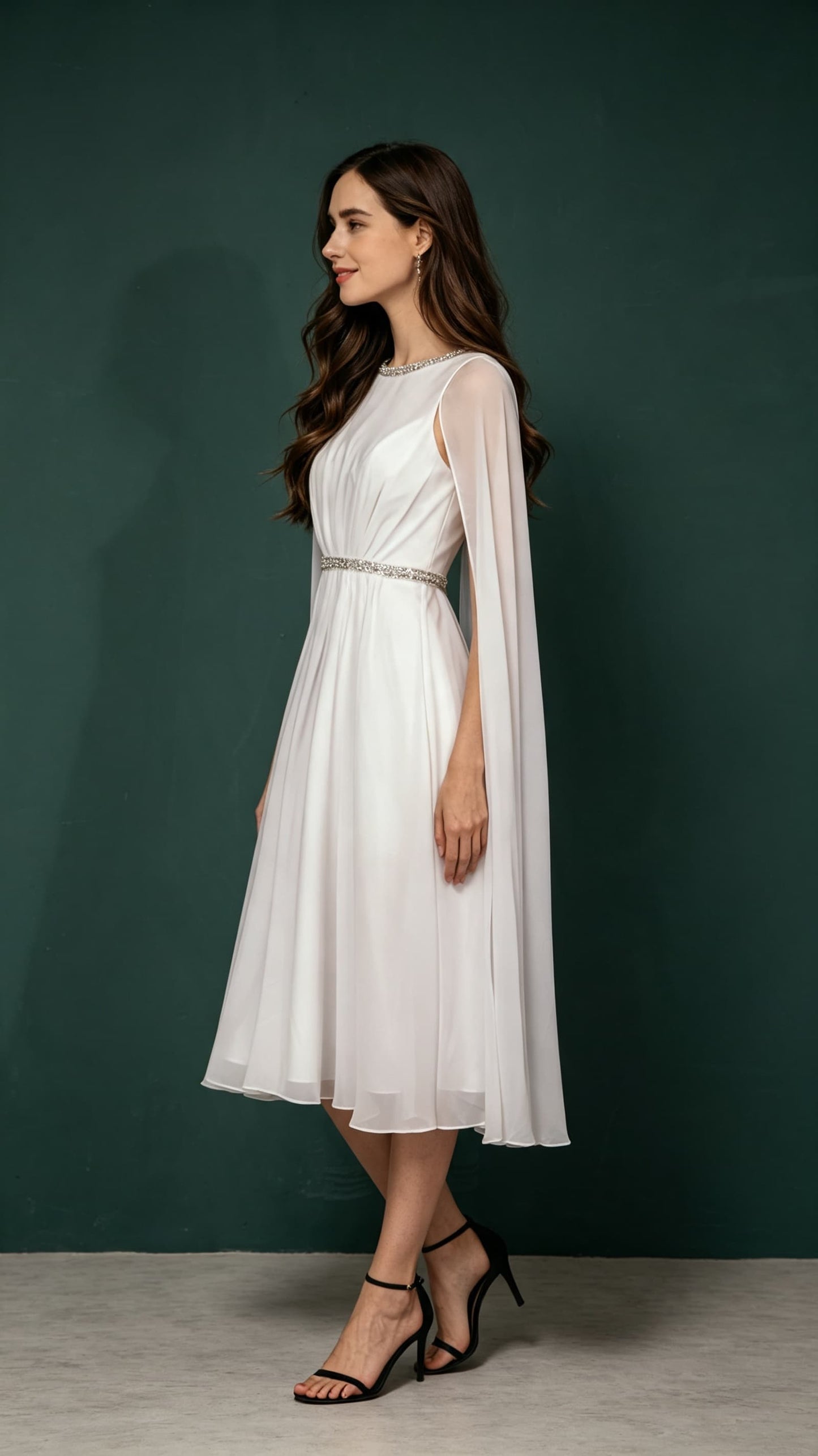 Beautiful tailored A-line White Evening Gowns Round Neck Chiffon Maxi Dress LFNL0656