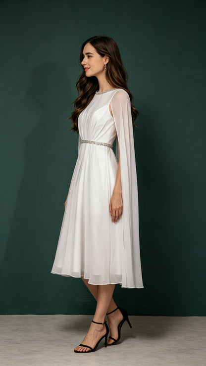 Beautiful tailored A-line White Evening Gowns Round Neck Chiffon Maxi Dress LFNL0656