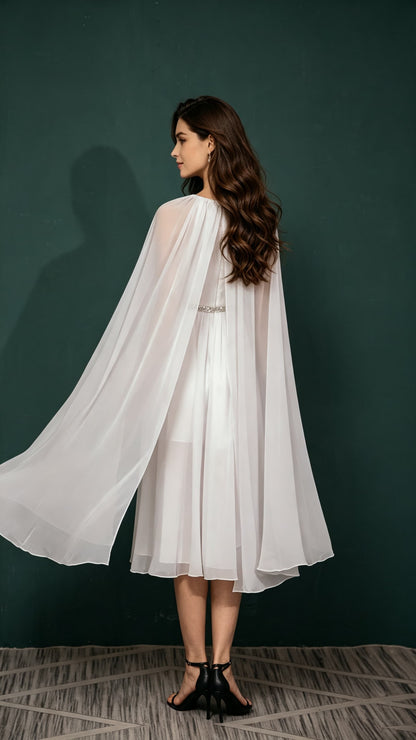 Beautiful tailored A-line White Evening Gowns Round Neck Chiffon Maxi Dress LFNL0656