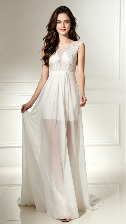 Elegant A-line White Evening Dress Round Neck Chiffon Long Formal Dress LFNL0488-1