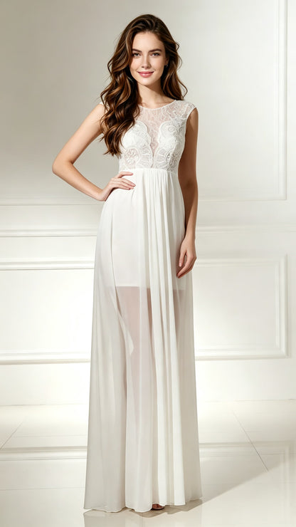 Elegant A-line White Evening Dress Round Neck Chiffon Long Formal Dress LFNL0488-1