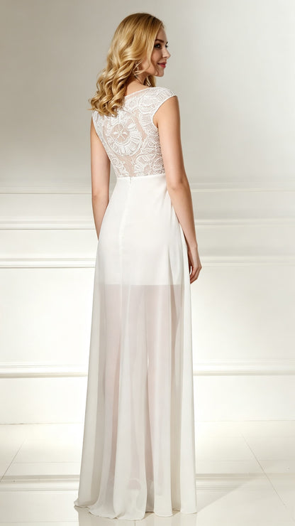 Elegant A-line White Evening Dress Round Neck Chiffon Long Formal Dress LFNL0488-1