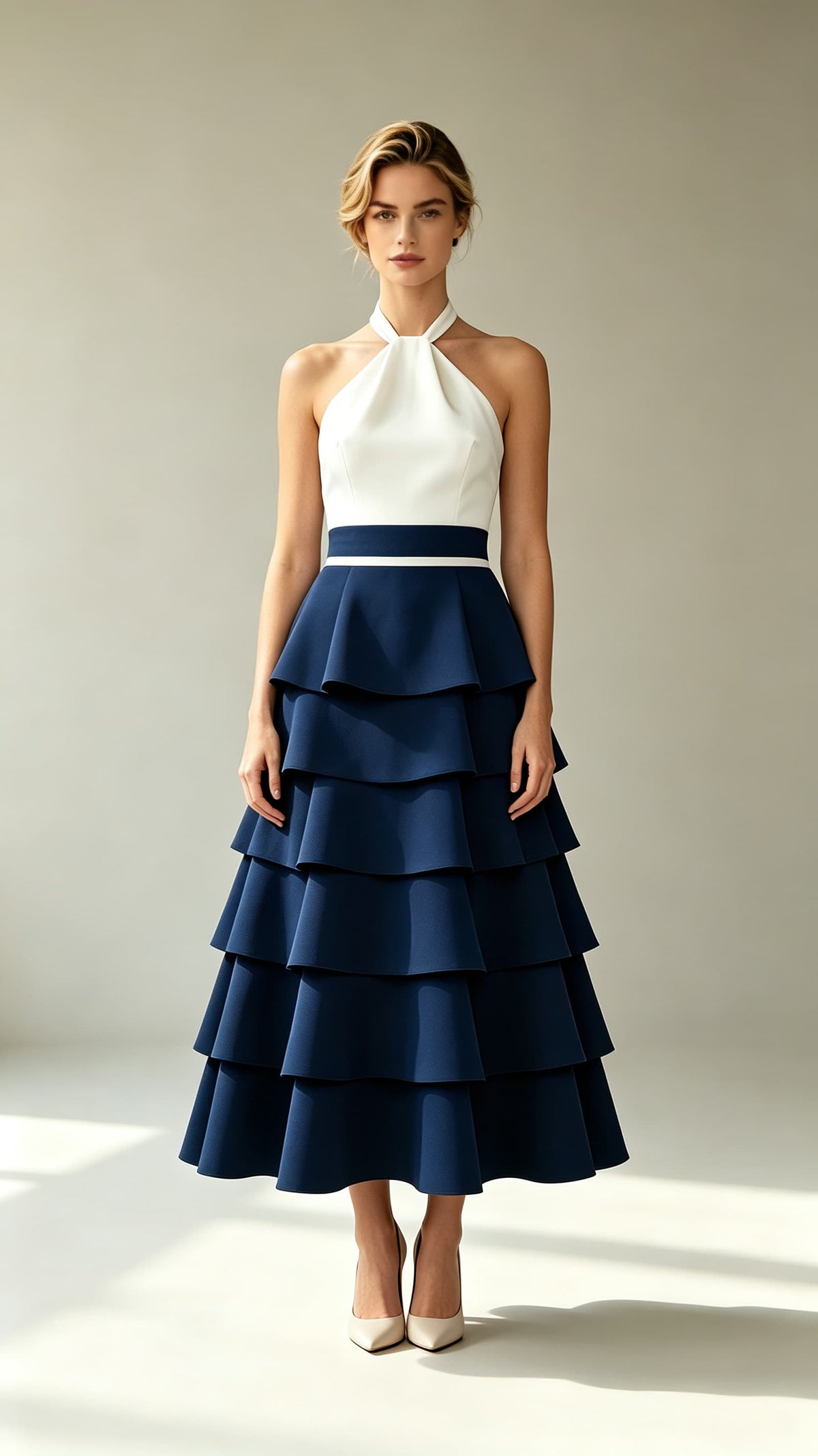 Romantic A-line Blue and White Evening Gowns Halter Polyester Maxi Dress, tiered navy ruffle skirt, white halter bodice