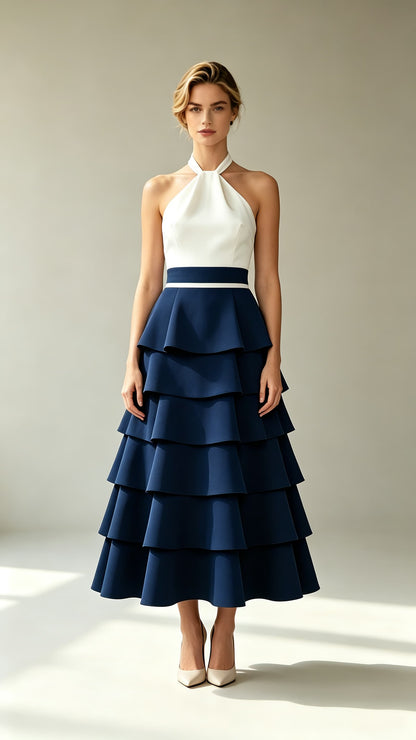 Romantic A-line Blue and White Evening Gowns Halter Polyester Maxi Dress, tiered navy ruffle skirt, white halter bodice