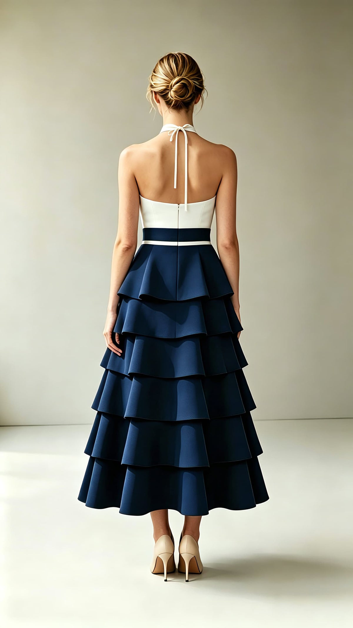 Romantic A-line Blue and White Evening Gowns Halter Polyester Maxi Dress LFNL0803