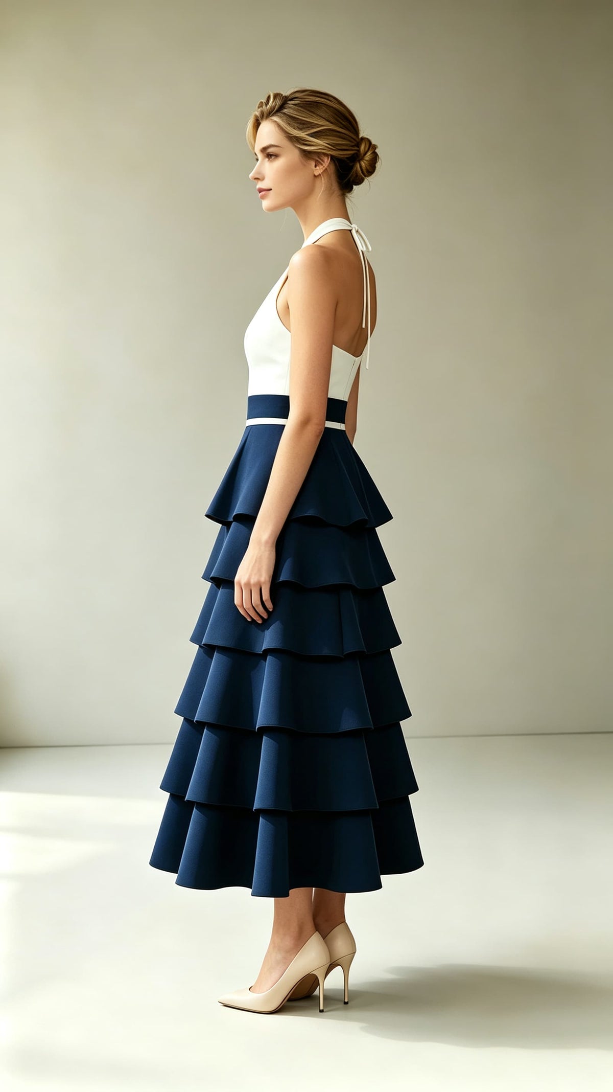 Romantic A-line Blue and White Evening Gowns Halter Polyester Maxi Dress LFNL0803