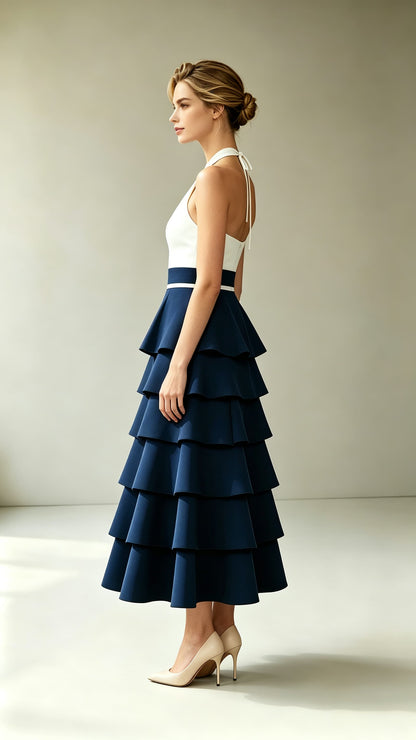 Romantic A-line Blue and White Evening Gowns Halter Polyester Maxi Dress LFNL0803