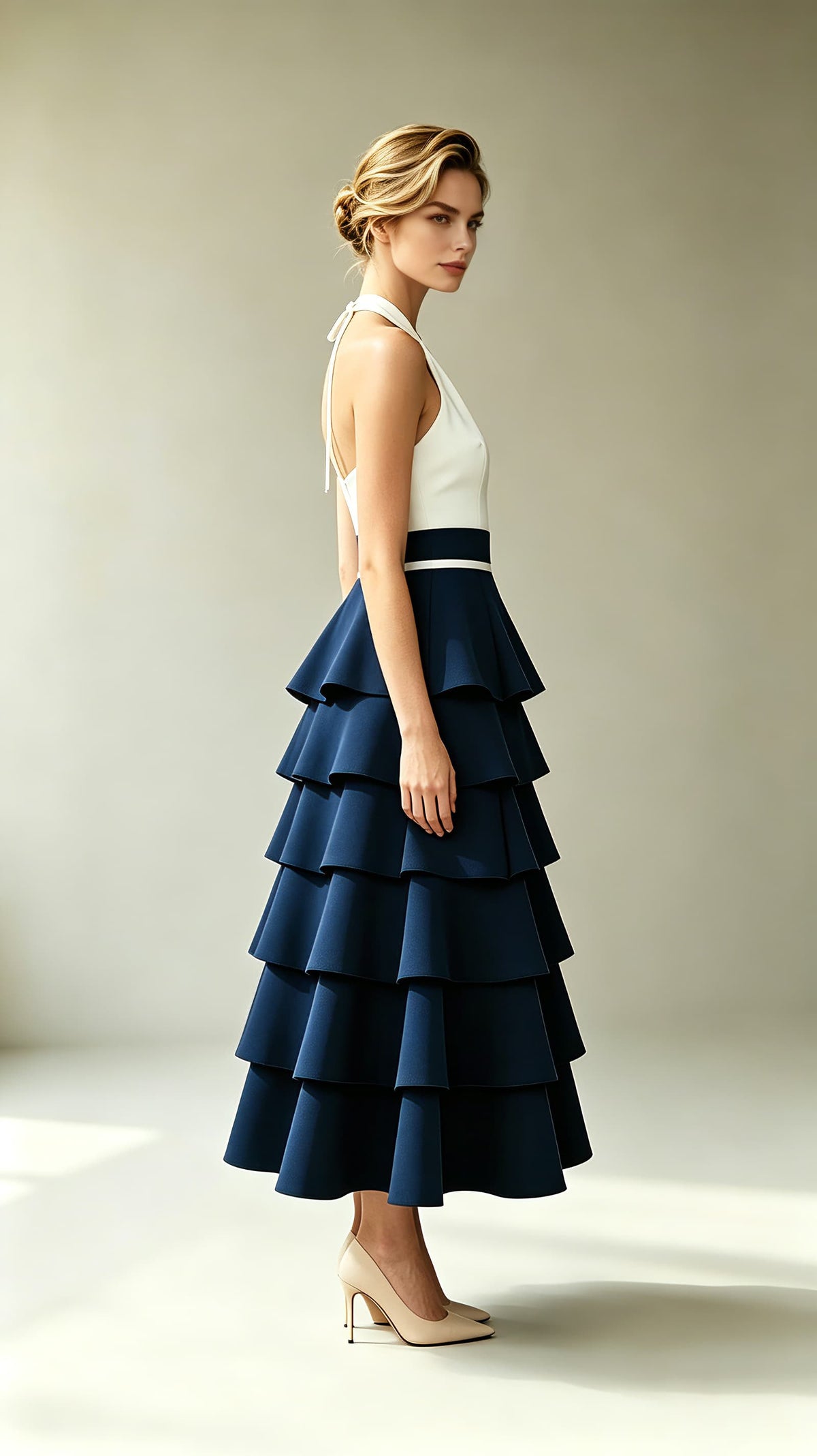 Romantic A-line Blue and White Evening Gowns Halter Polyester Maxi Dress LFNL0803