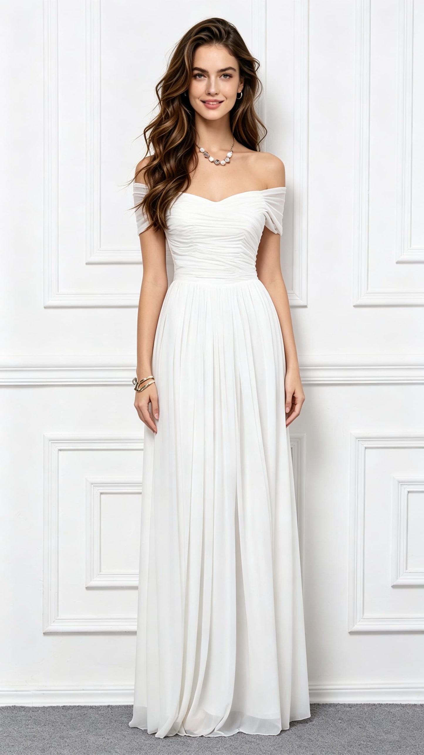 Beautiful tailored A-line White Bridesmaid dress Chiffon Long Formal Dress LFNC0099