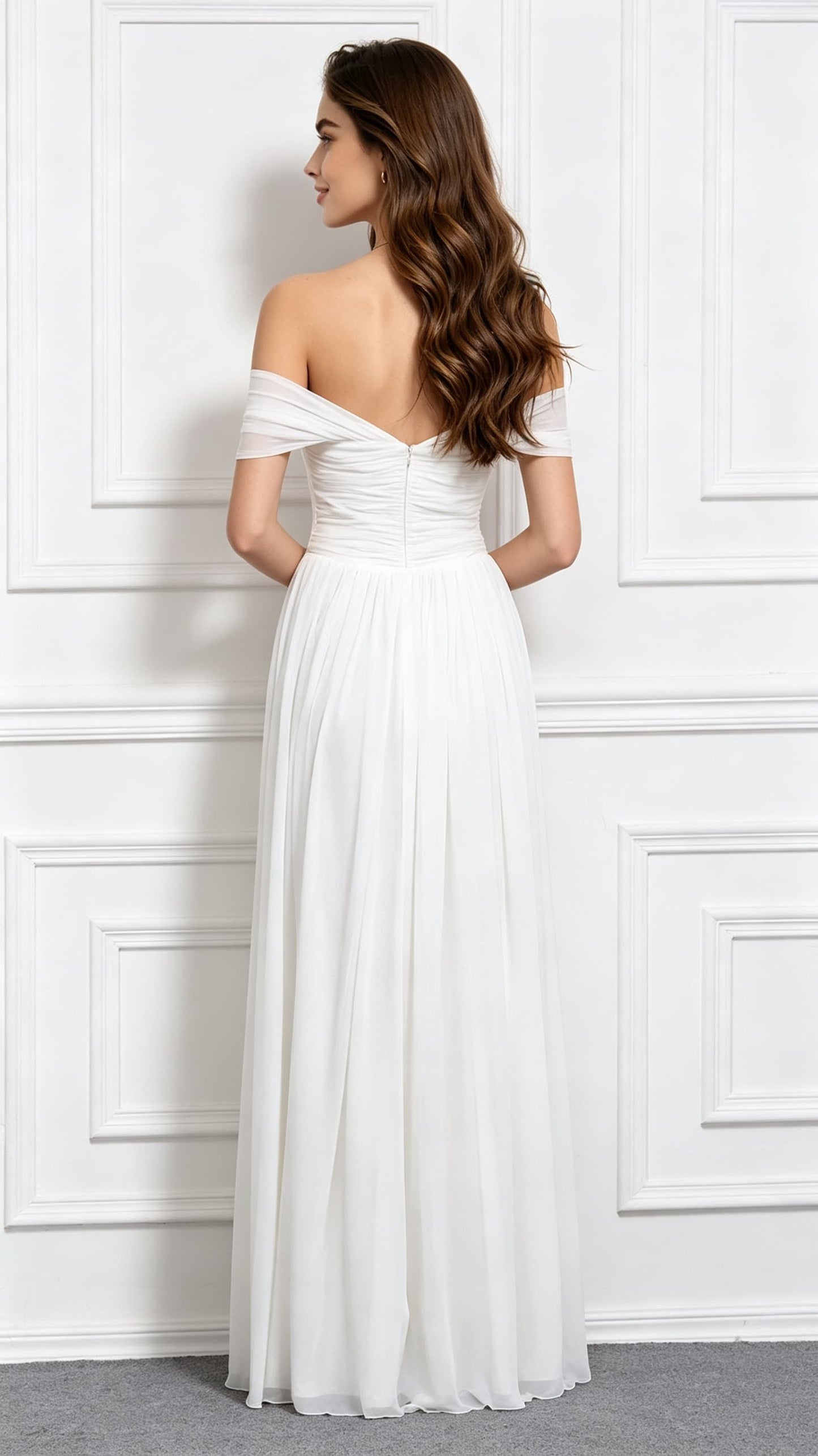 Beautiful tailored A-line White Bridesmaid dress Chiffon Long Formal Dress LFNC0099