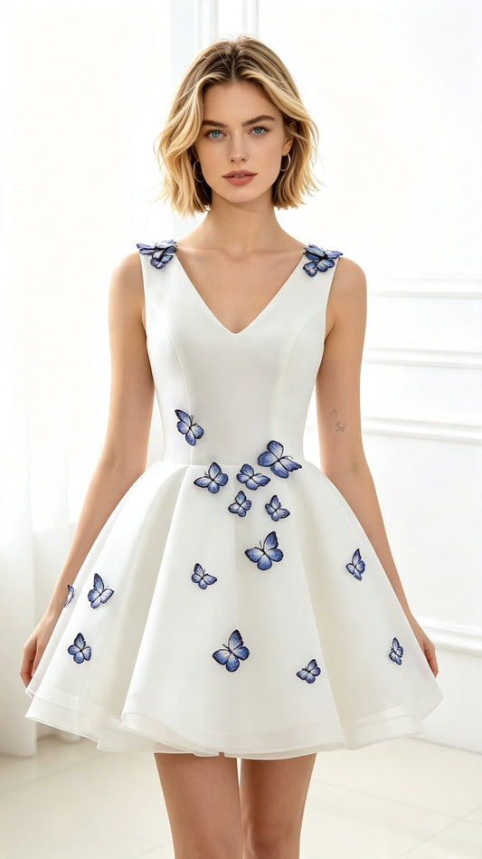 Sleek A-line White Evening Dress V Neck Tulle Short Formal Dress LFNL0572