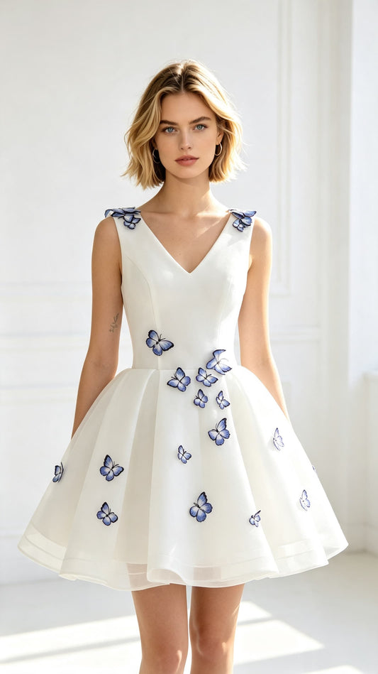Sleek A-line White Evening Dress V Neck Tulle Short Formal Dress LFNL0572