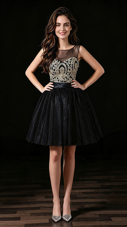 Simple A-line Black Homecoming Dress Round neck Tulle Lace Short Formal Dress LFNL0675