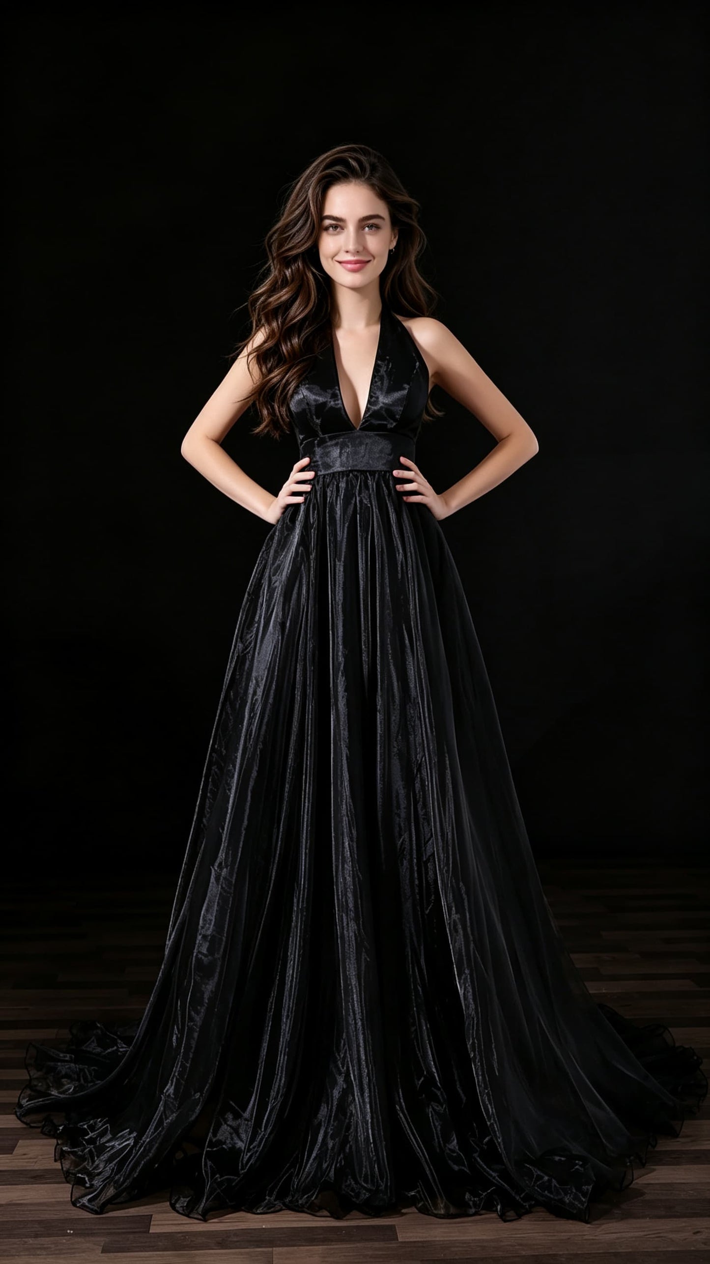 Timeless A-line Black Evening Gowns Halter Organza Long Formal Dress LFNL0683