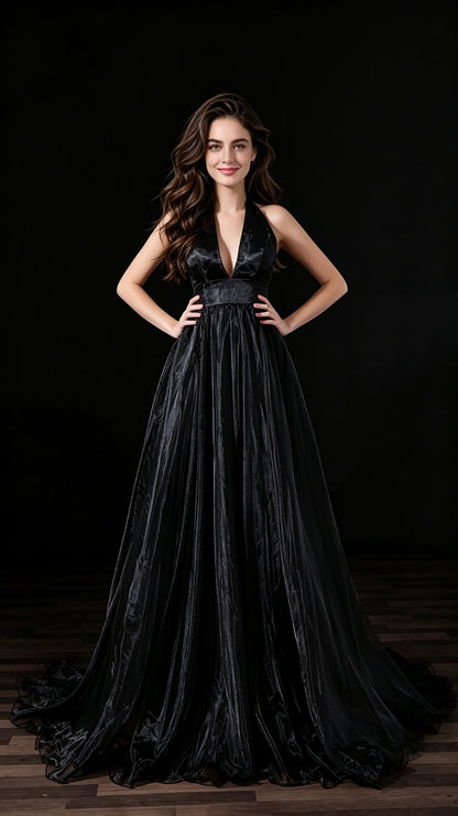Timeless A-line Black Evening Gowns Halter Organza Long Formal Dress LFNL0683