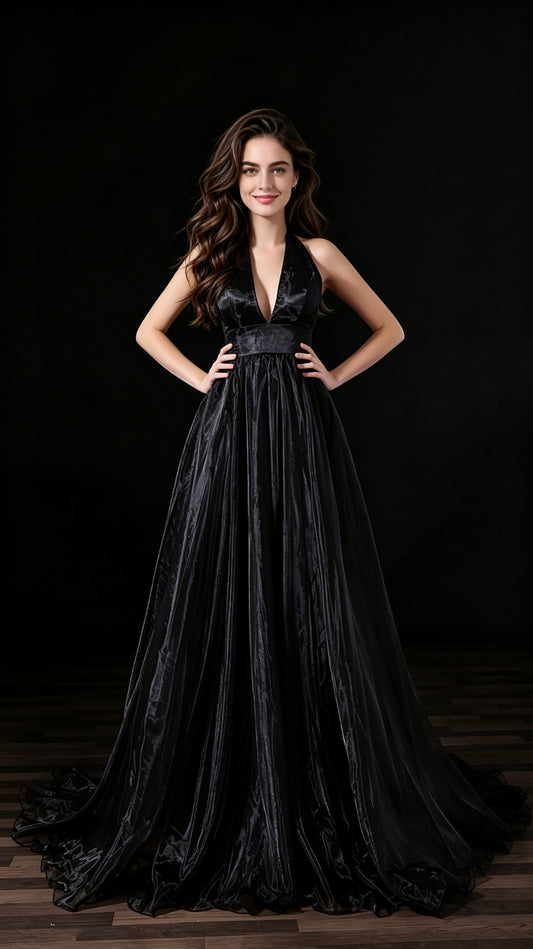Timeless A-line Black Evening Gowns Halter Organza Long Formal Dress LFNL0683