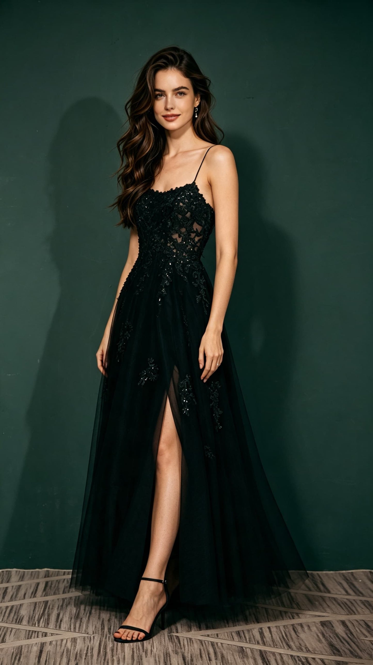 Feminine A-line Black Evening Gowns Straps Tulle Maxi Dress LFNL0662