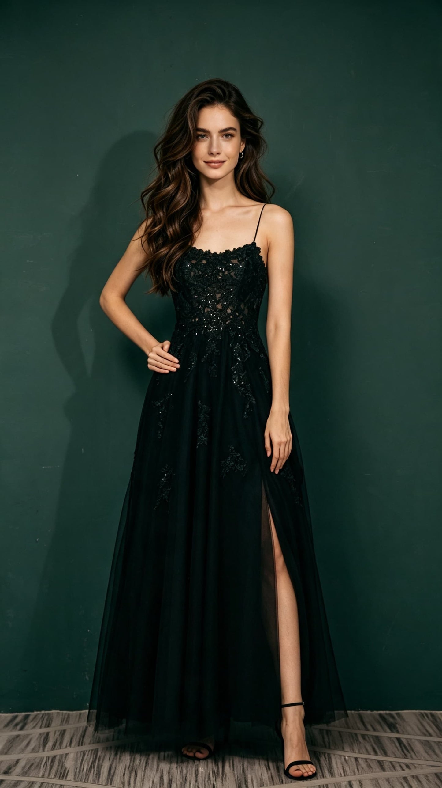 Feminine A-line Black Evening Gowns Straps Tulle Maxi Dress LFNL0662