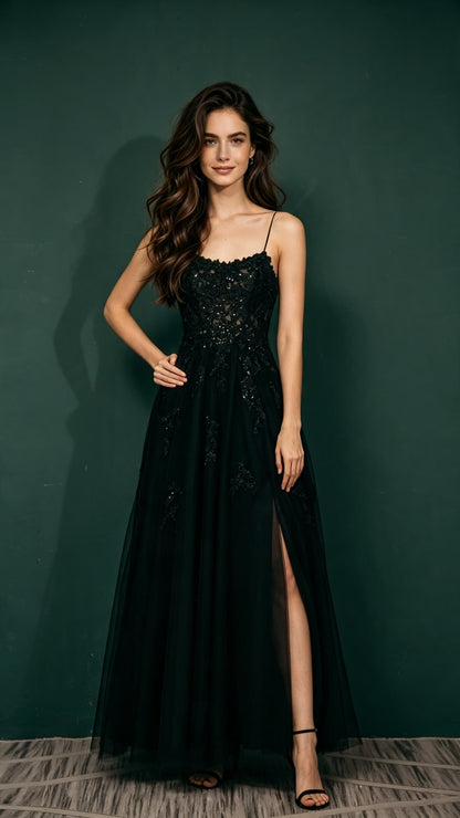 Feminine A-line Black Evening Gowns Straps Tulle Maxi Dress LFNL0662