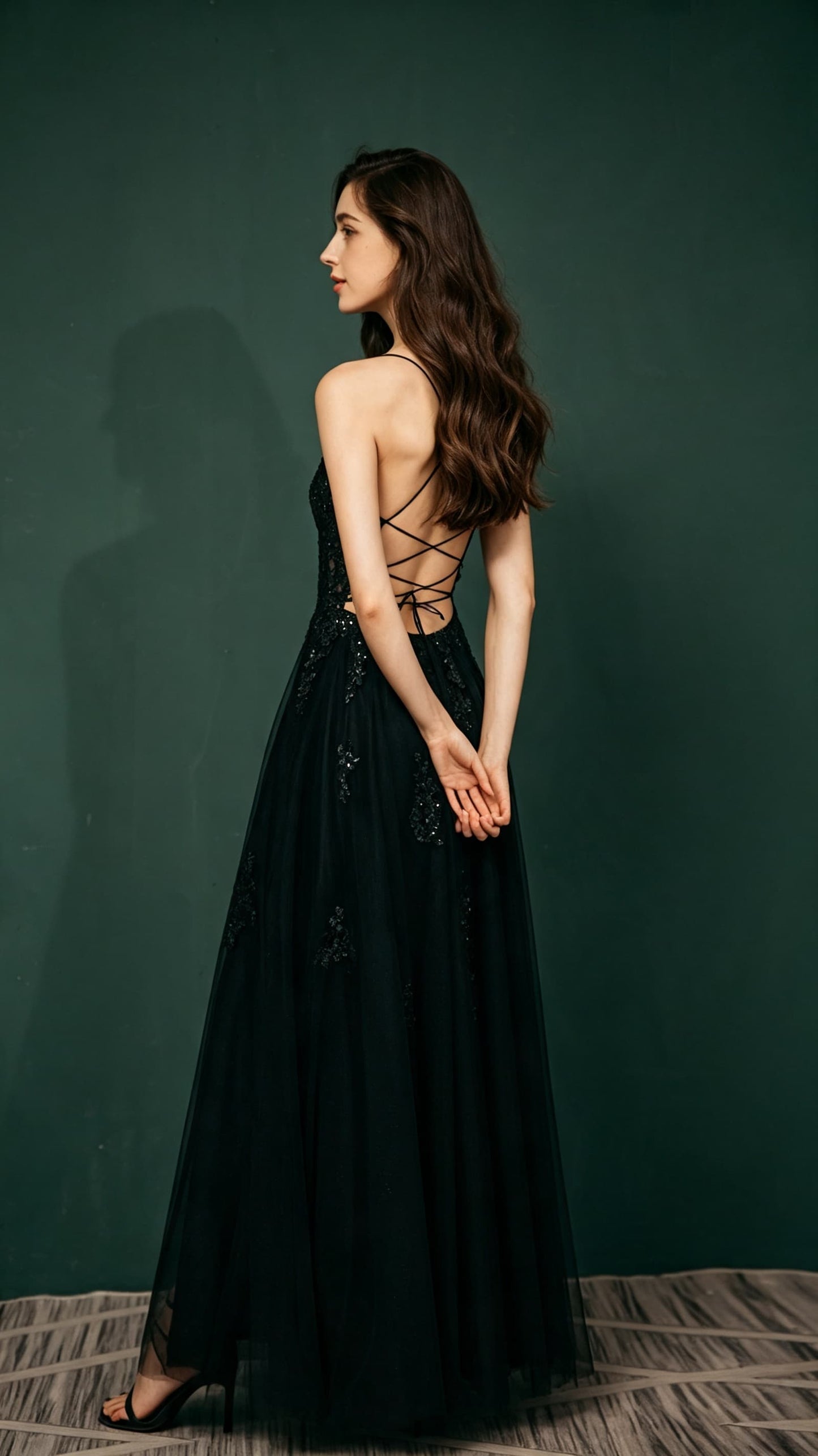 Feminine A-line Black Evening Gowns Straps Tulle Maxi Dress LFNL0662