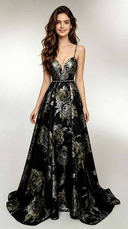 Elegant A-line Black Evening Gowns Straps Polyester Satin Long Formal Dress LFNL0685