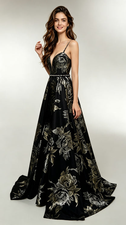 Elegant A-line Black Evening Gowns Straps Polyester Satin Long Formal Dress LFNL0685