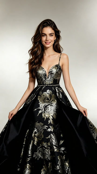 Elegant A-line Black Evening Gowns Straps Polyester Satin Long Formal Dress LFNL0685