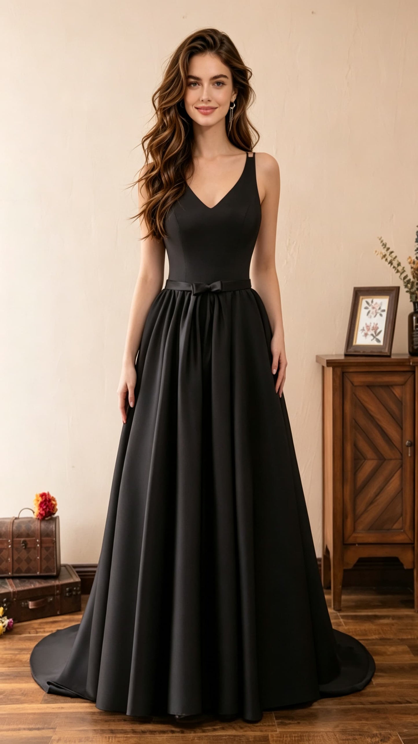 Flattering A-line Black Evening Dress V Neck Satin Long Formal Dress LFNL0602