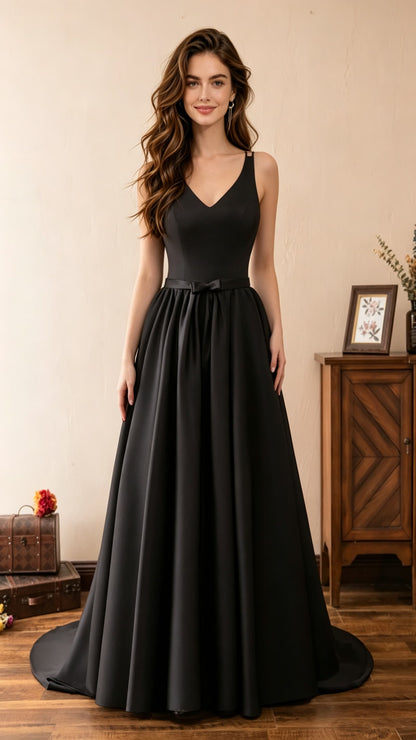 Flattering A-line Black Evening Dress V Neck Satin Long Formal Dress LFNL0602