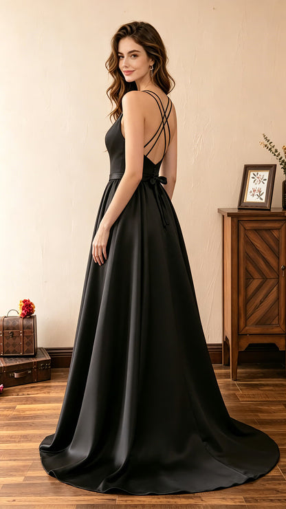 Flattering A-line Black Evening Dress V Neck Satin Long Formal Dress LFNL0602