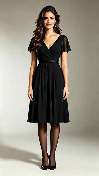 Dreamy A-line Black Bridesmaid Gowns V Neck Chiffon Maxi Dress LFNL0698