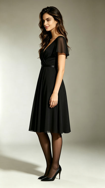 Dreamy A-line Black Bridesmaid Gowns V Neck Chiffon Maxi Dress LFNL0698
