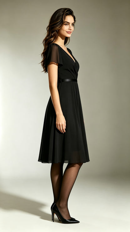 Dreamy A-line Black Bridesmaid Gowns V Neck Chiffon Maxi Dress LFNL0698